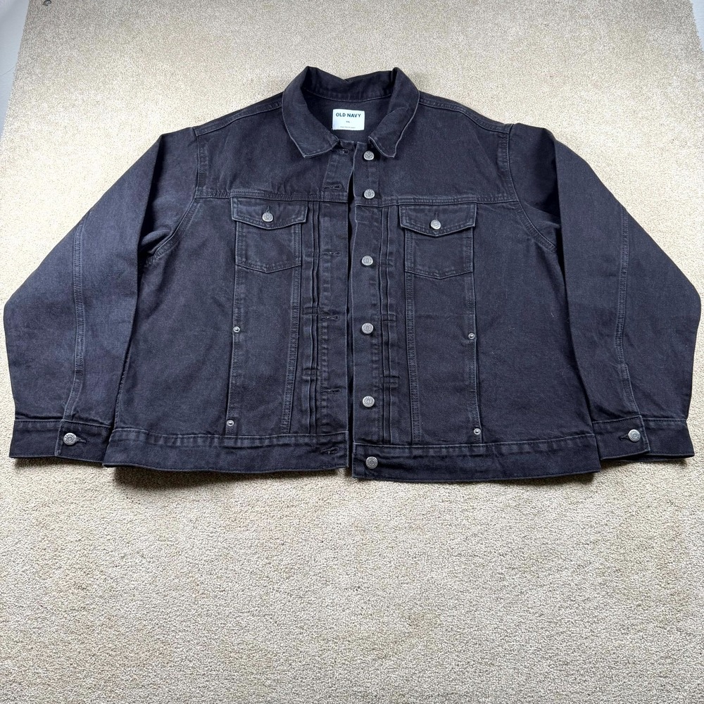 Old Navy Trucker Jacket Womens 2XL Black Denim Pleated Long Sleeve Button Front